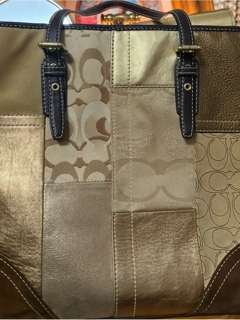 Coach Metallic Patchwork Tote in Taupe and Brown GOLD TONE ABSOLUTELY STUNNING!